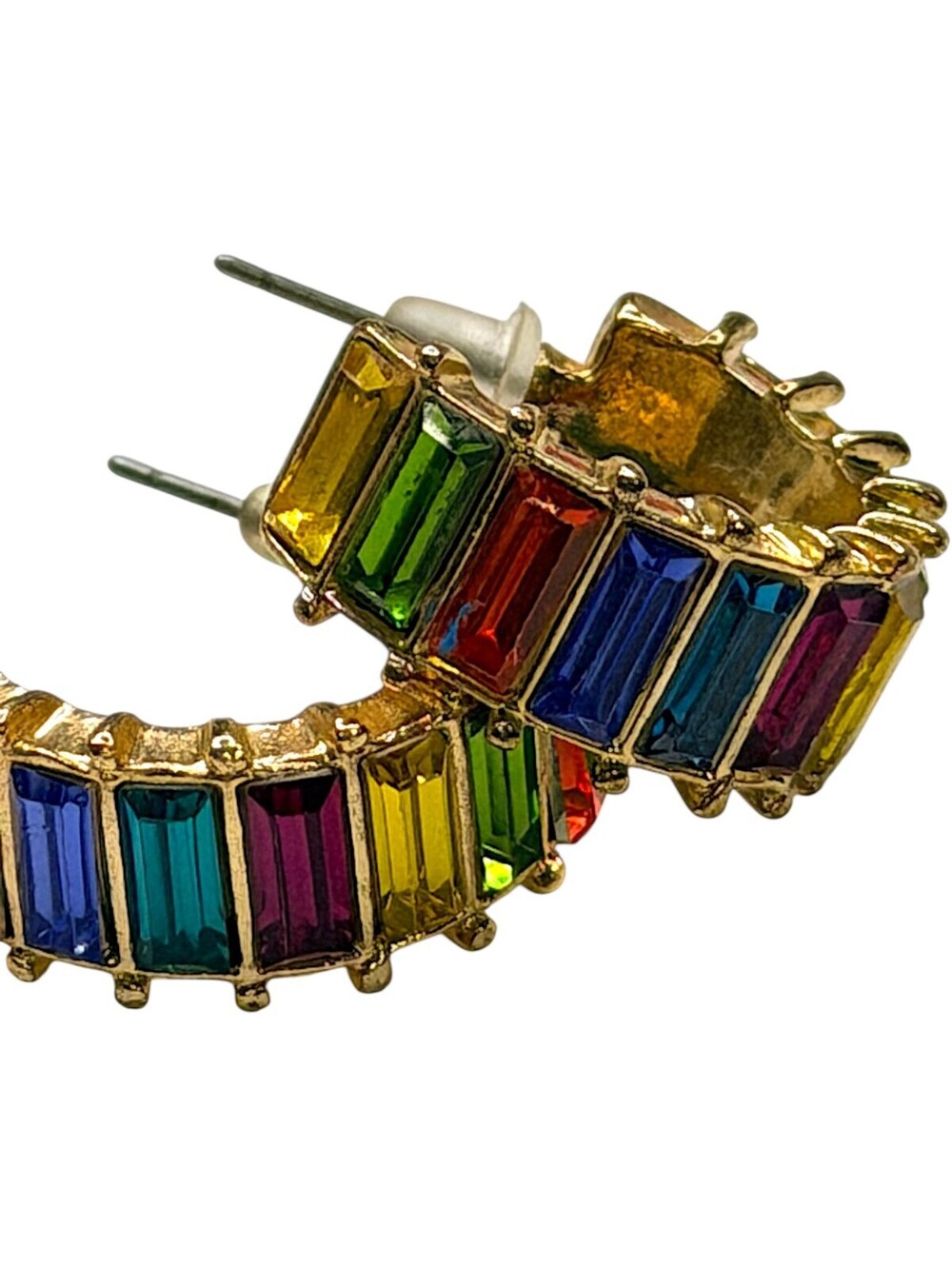 Rainbow Multicolor Baguette Rhinestone Gold Tone Hoop Earrings Statement Jewelry - Picture 8 of 8